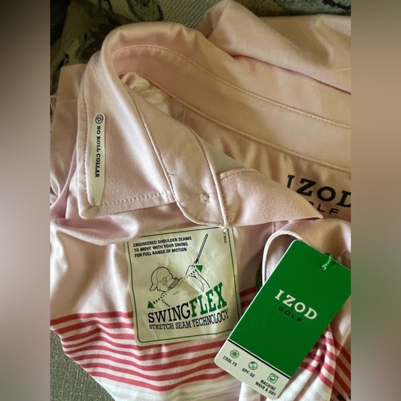 Izod Striped Golf Polo Shirt in Rose Shadow Pink - Picture 8 of 8